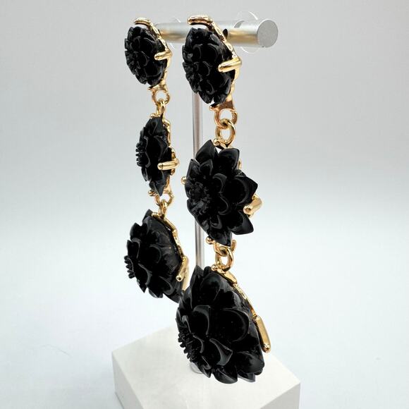 Rare Kenneth Jay Lane Black Resin Flower Drop Earrings Duster Statement Floral - Picture 3 of 14